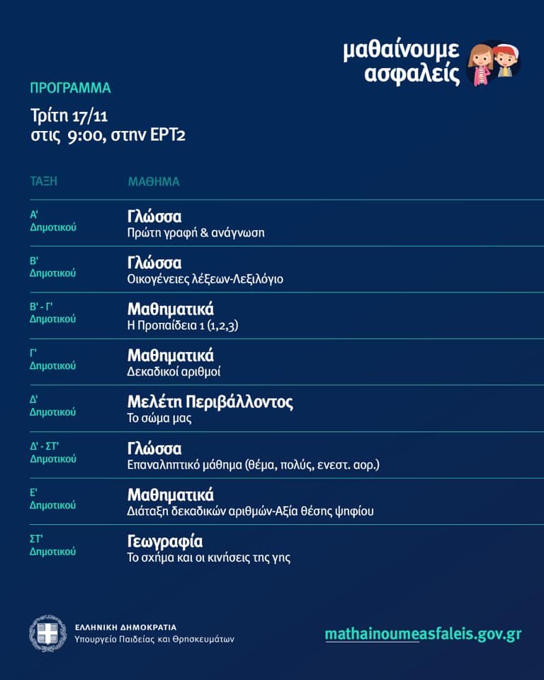 ΜΑΘΑΙΝΟΥΜΕ ΣΤΟ ΣΠΙΤΙ Πρόγραμμα εκπαιδευτικής τηλεόρασης στην  ΕΡΤ2 (17/11)