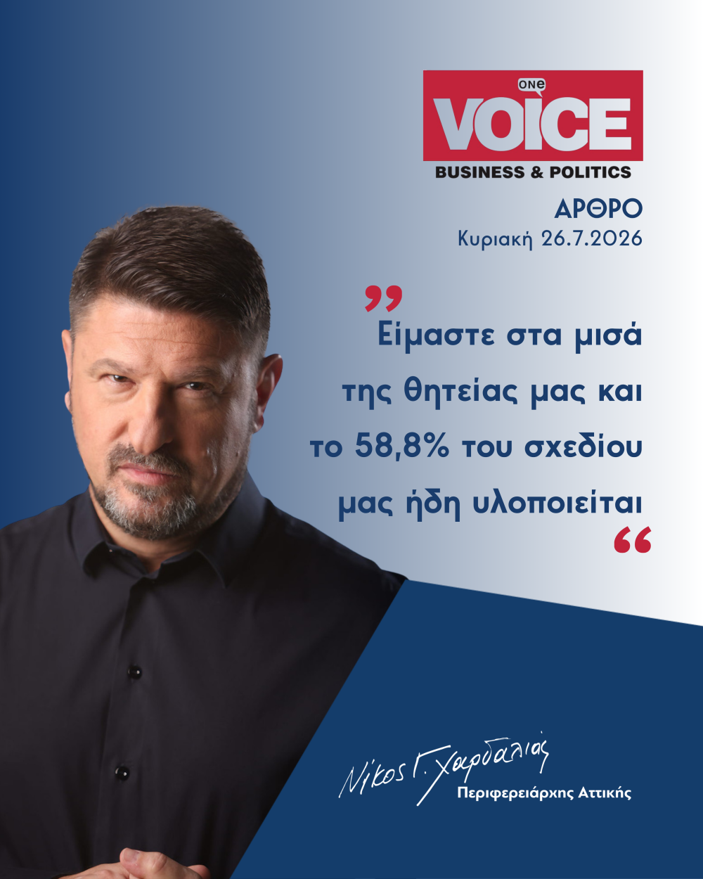 Νίκος Χαρδαλιάς στην One Voice: «Είμαστε στα μισά της θητείας μας και το 58,8% του σχεδίου μας ήδη υλοποιείται»
